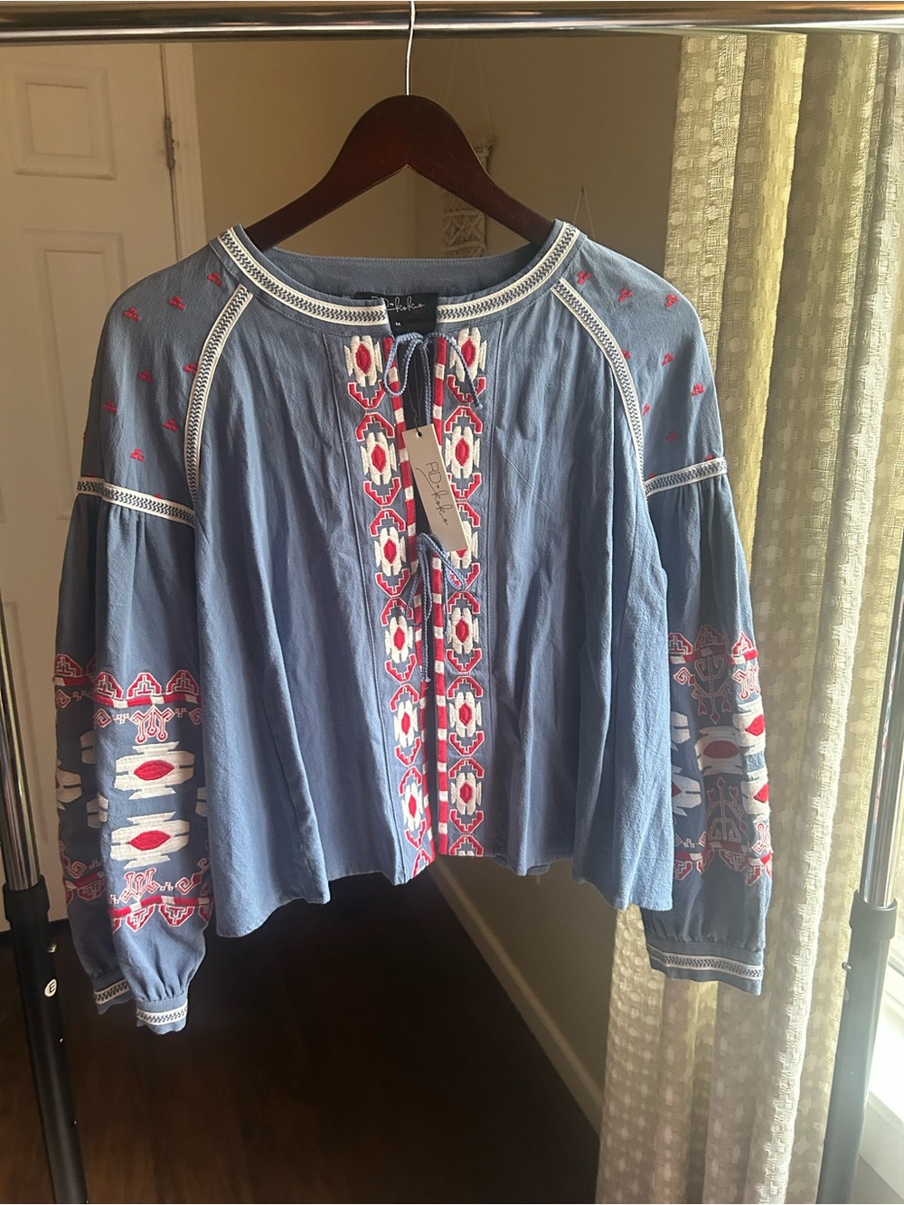 Embroidered Blue Peasant Blouse with Pink & White Accents